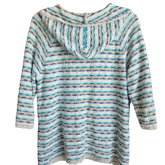 J. JILL Sweater Size  Full Zip Hooded Linen Blend Blue White Sz LP - Picture 2 of 10